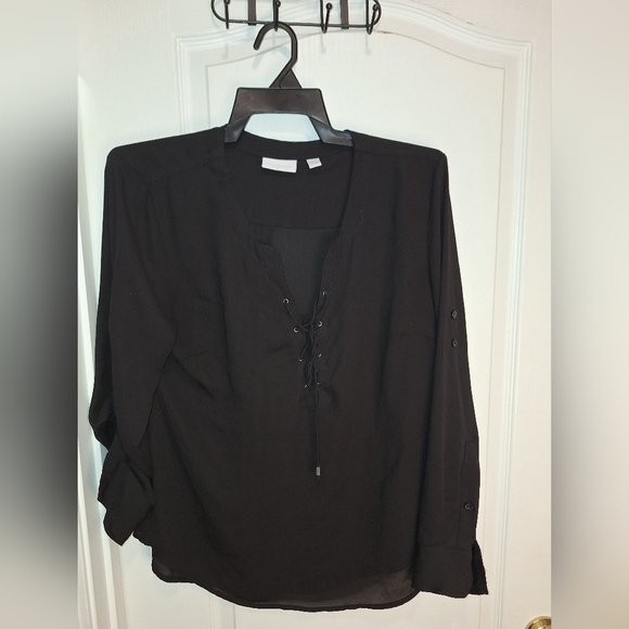 New York & Company Black Tie Front Blouse with Mandarin Collar/ Large - Picture 1 of 7